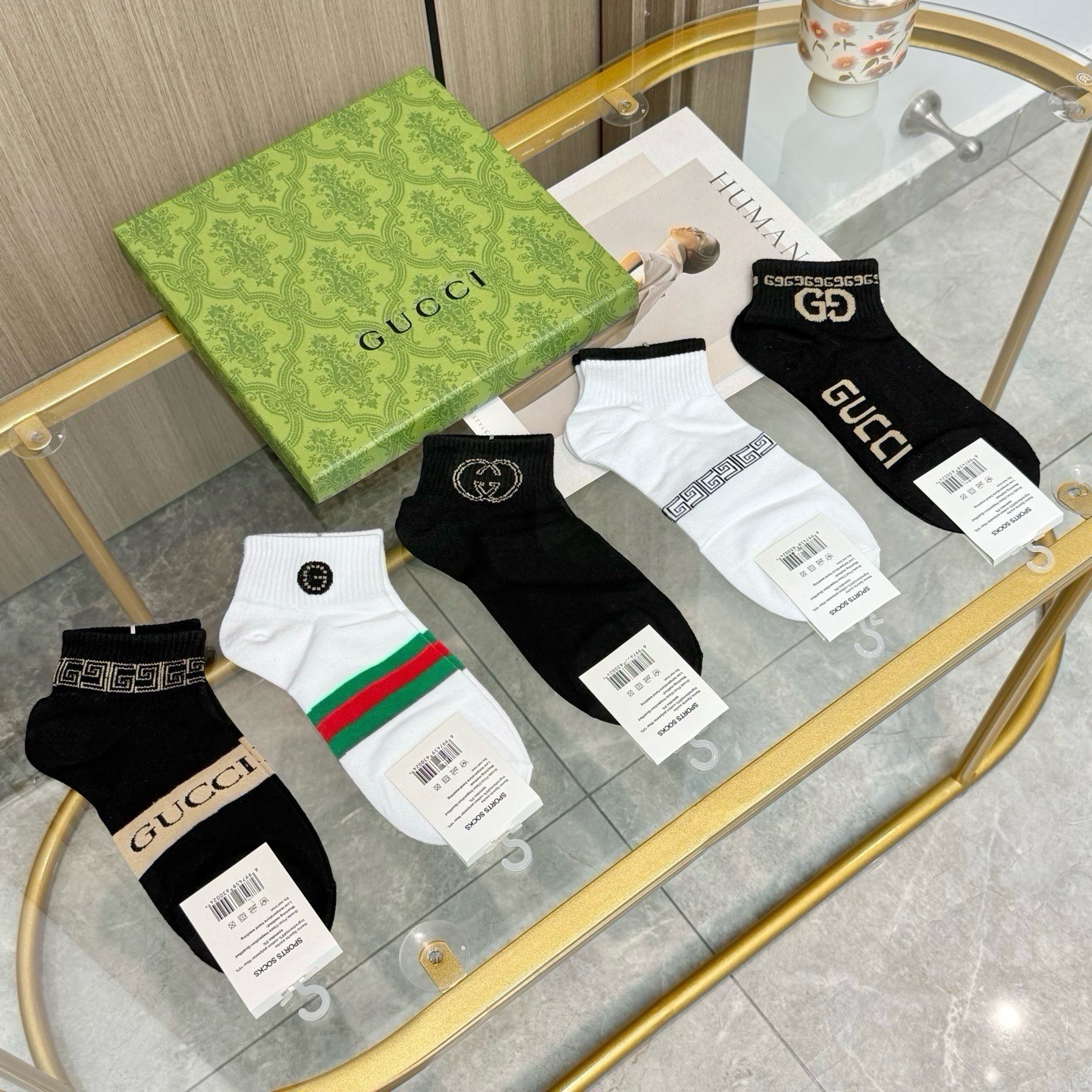 配包装【一盒五双】🌟GUCCI古奇🌟高版本 ～好看到爆炸 欧美大牌男女款船袜。🌟潮人必不能少的专柜代购品质 袜子 ，搭配