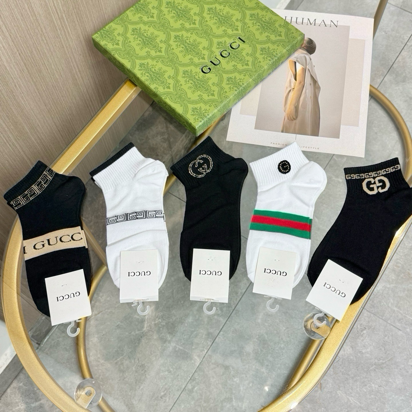 配包装【一盒五双】🌟GUCCI古奇🌟高版本 ～好看到爆炸 欧美大牌男女款船袜。🌟潮人必不能少的专柜代购品质 袜子 ，搭配