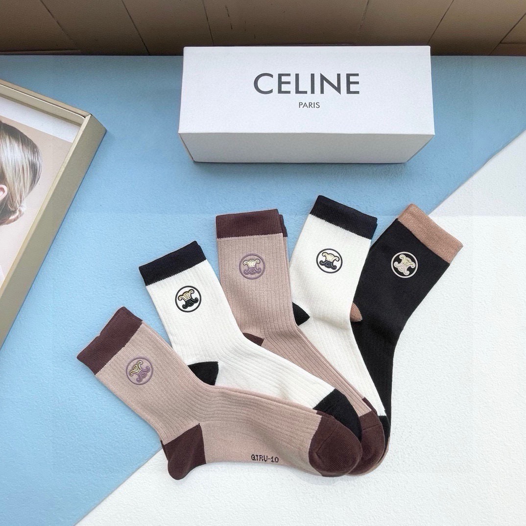 配包装【一盒五双】CELINE · 赛琳❗️高品质羊毛袜子🔥超级爆款网红袜子❗️ce家官网同步硅胶字母中筒袜，ins明星