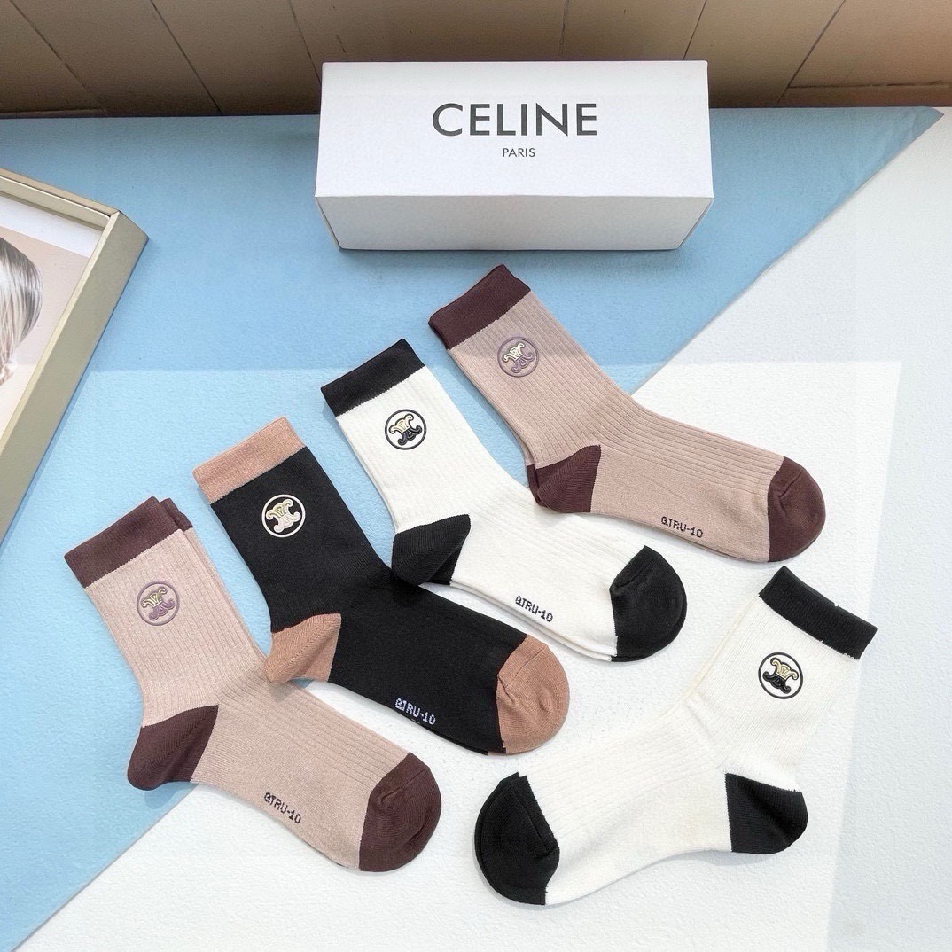配包装【一盒五双】CELINE · 赛琳❗️高品质羊毛袜子🔥超级爆款网红袜子❗️ce家官网同步硅胶字母中筒袜，ins明星