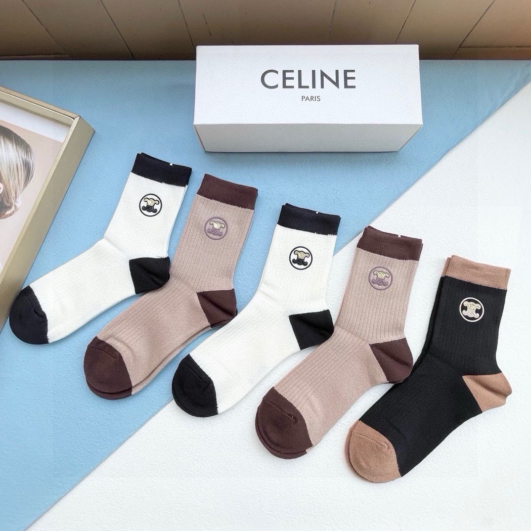 配包装【一盒五双】CELINE · 赛琳❗️高品质羊毛袜子🔥超级爆款网红袜子❗️ce家官网同步硅胶字母中筒袜，ins明星