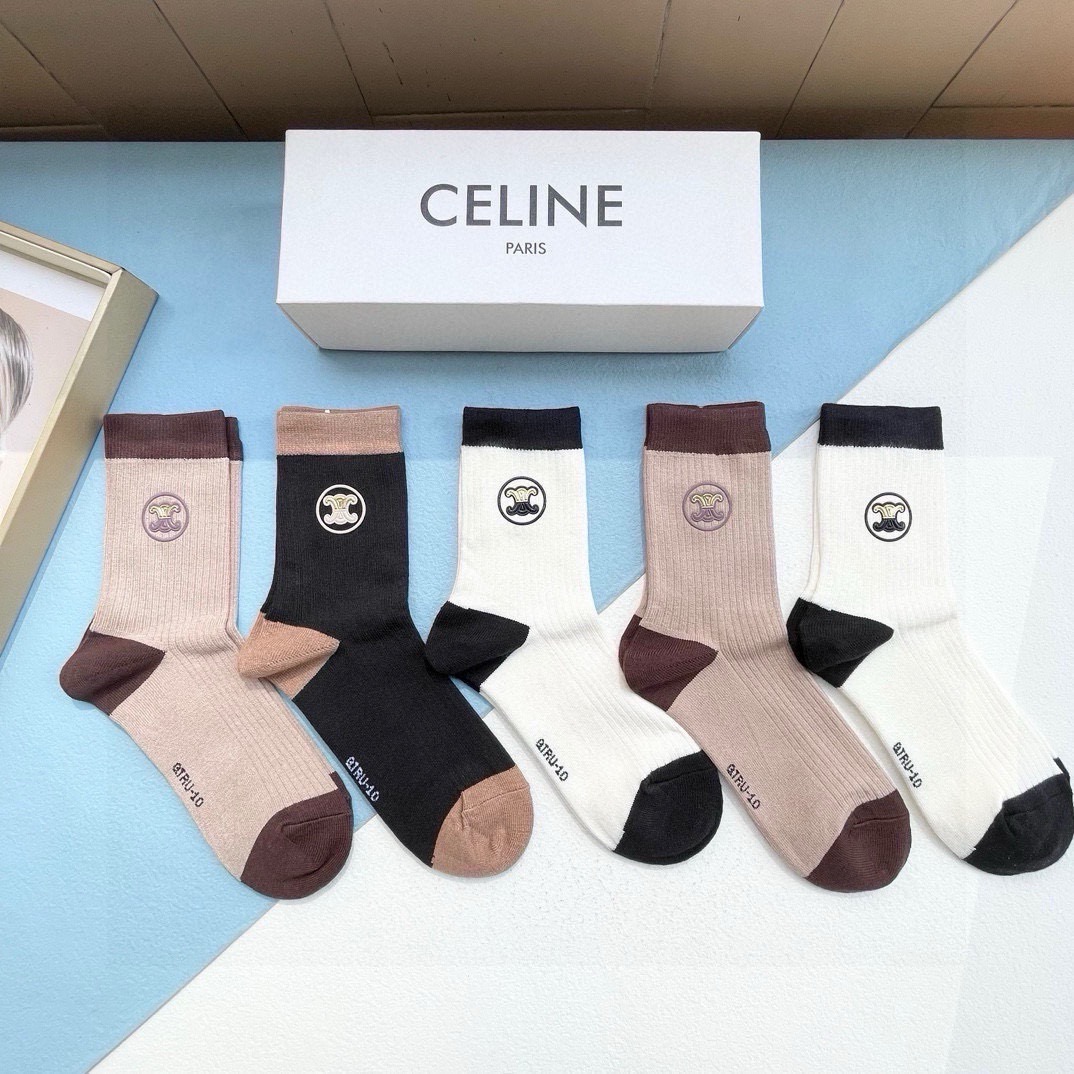 配包装【一盒五双】CELINE · 赛琳❗️高品质羊毛袜子🔥超级爆款网红袜子❗️ce家官网同步硅胶字母中筒袜，ins明星