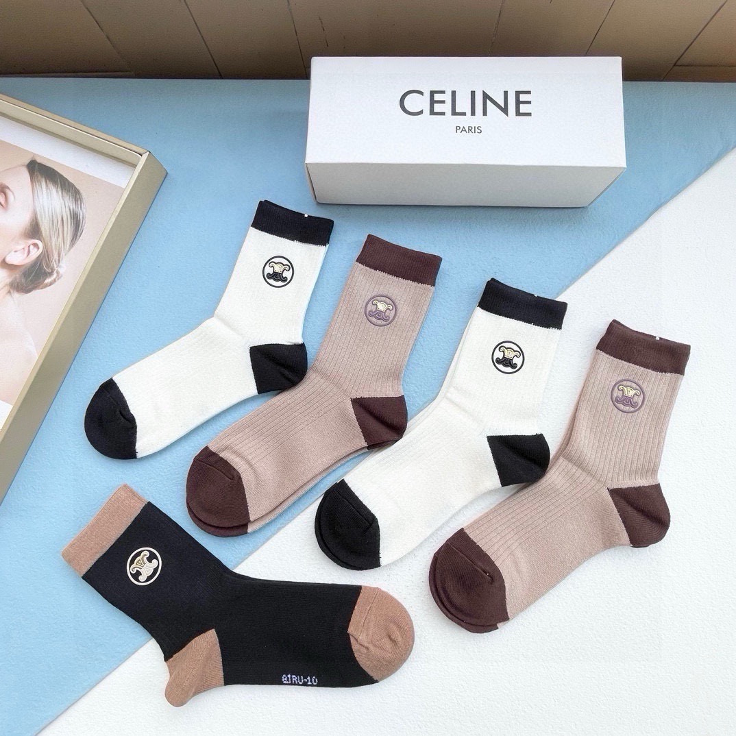 配包装【一盒五双】CELINE · 赛琳❗️高品质羊毛袜子🔥超级爆款网红袜子❗️ce家官网同步硅胶字母中筒袜，ins明星