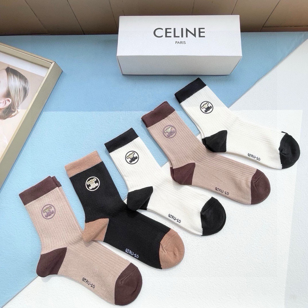 配包装【一盒五双】CELINE · 赛琳❗️高品质羊毛袜子🔥超级爆款网红袜子❗️ce家官网同步硅胶字母中筒袜，ins明星