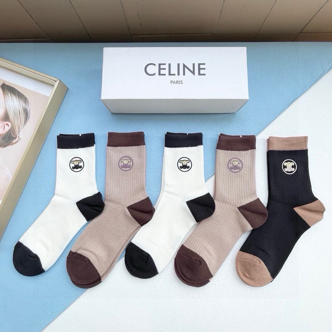 配包装【一盒五双】CELINE · 赛琳❗️高品质羊毛袜子🔥超级爆款网红袜子❗️ce家官网同步硅胶字母中筒袜，ins明星