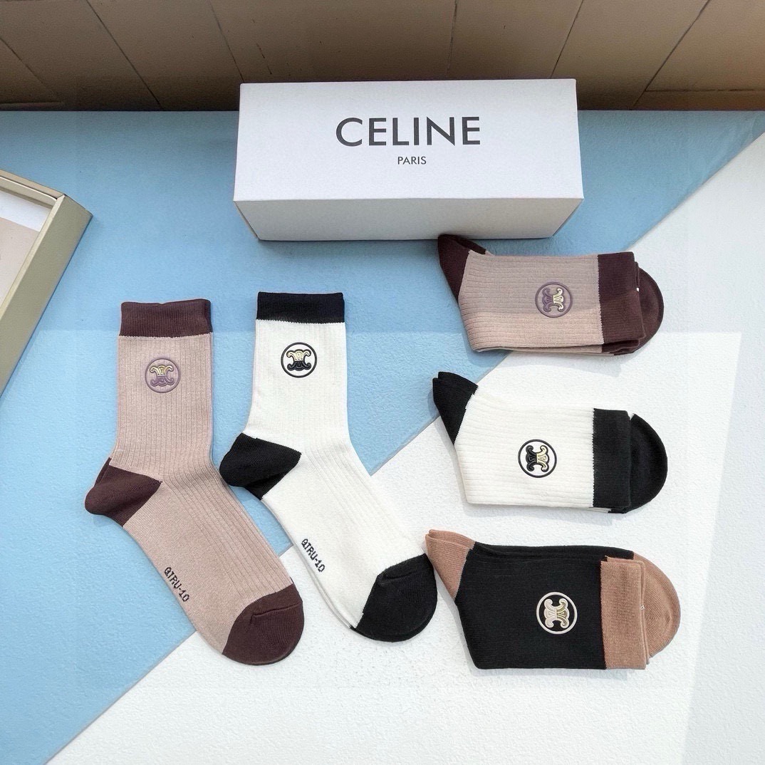 配包装【一盒五双】CELINE · 赛琳❗️高品质羊毛袜子🔥超级爆款网红袜子❗️ce家官网同步硅胶字母中筒袜，ins明星