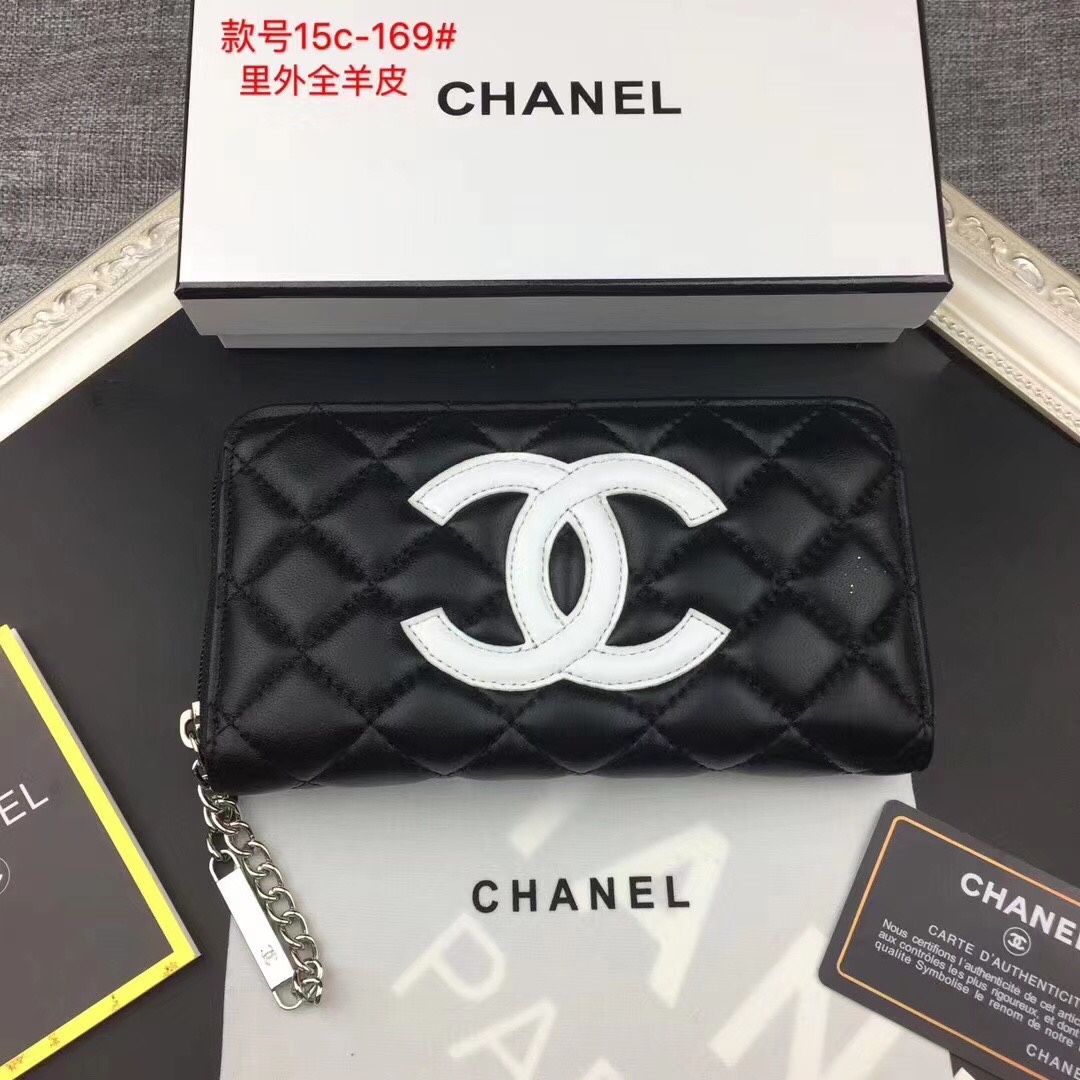 Chanel Portafoglio Nero Bianco Pelle d’agnello di pecora