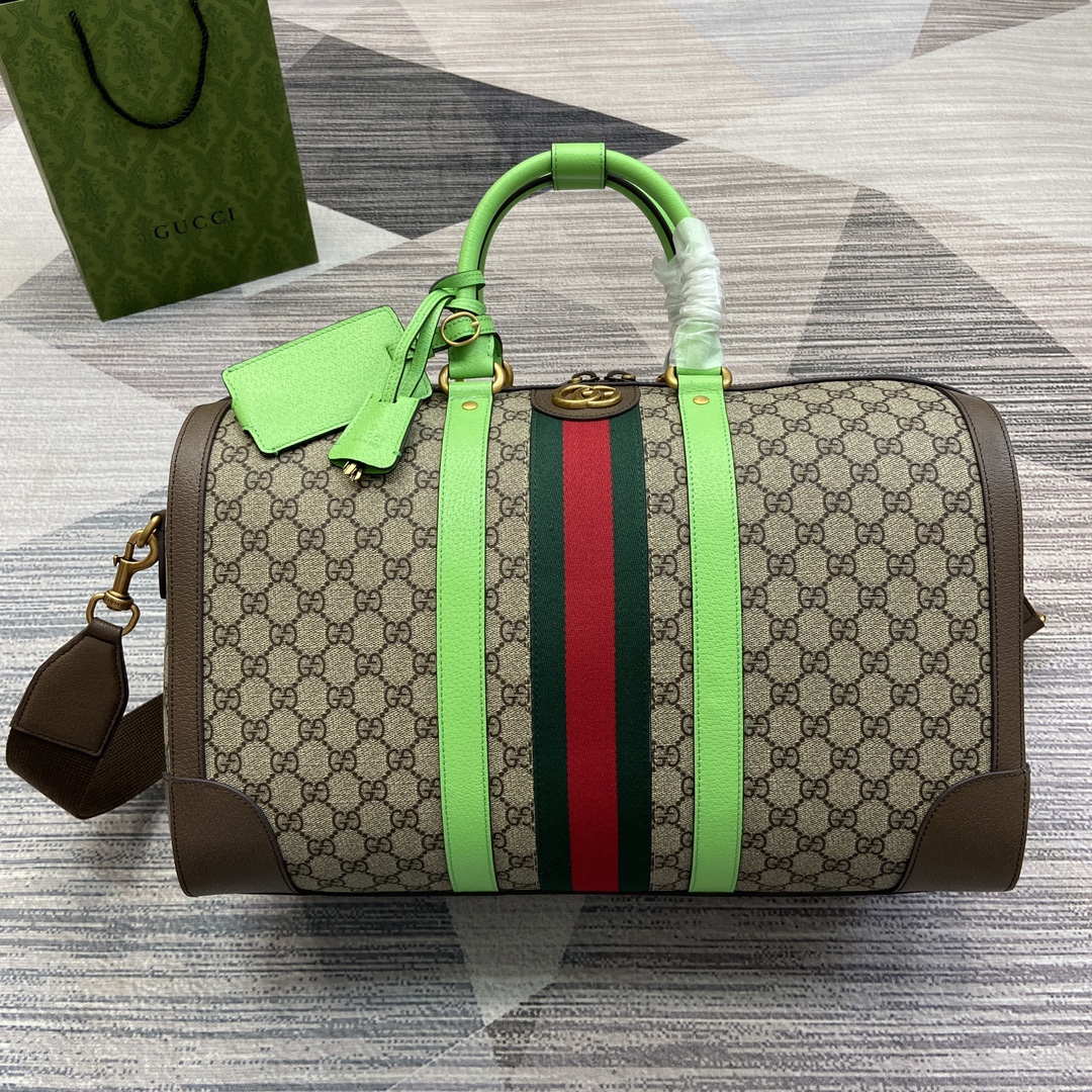 Gucci Savoy Medium Duffle Bag GG Canvas Web Leather Trim Zip