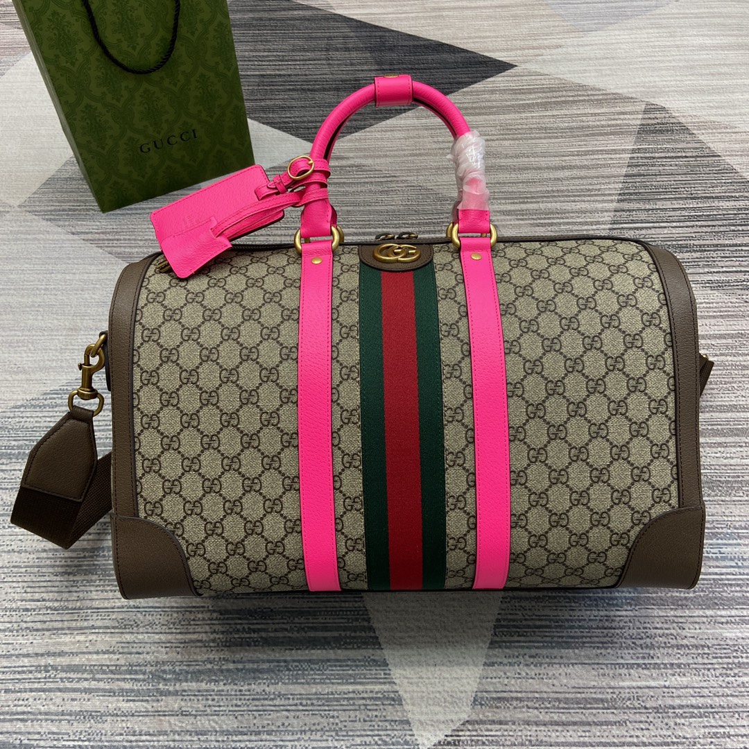 Gucci Savoy duffle bag GG canvas web strap leather trim zipper