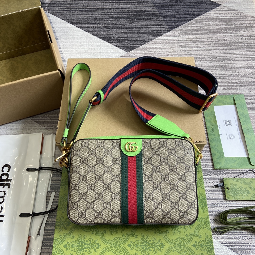 GUCCI Ophidia 斜背包 GG圖案 條紋織帶 螢光綠色