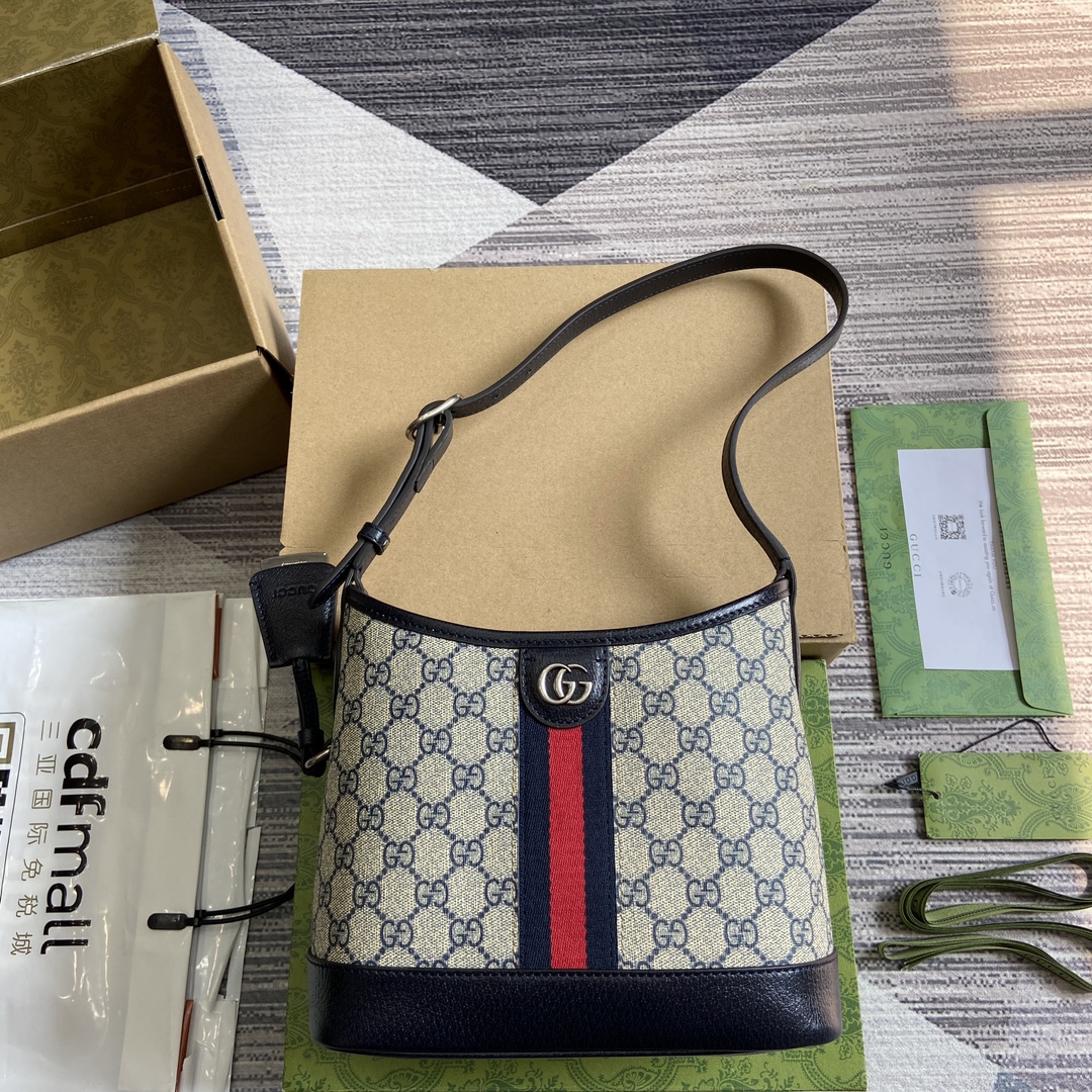 GUCCI Ophidia collectie kleine schouderzak bucketbag en schouderzak hybride open ontwerp GG Supreme canvas - topkwaliteit