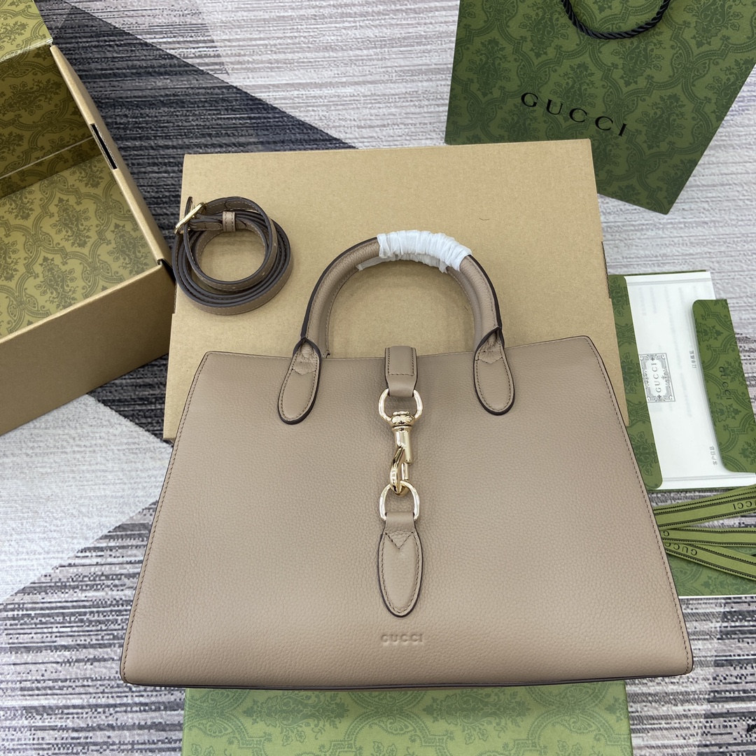 GUCCI 鉤扣開合 中號托特包 灰褐色皮革