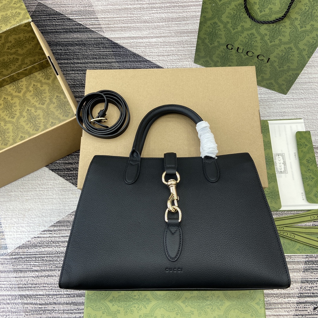 GUCCI 鉤扣開合 中號托特包 黑色粒紋皮革 可拆卸肩帶