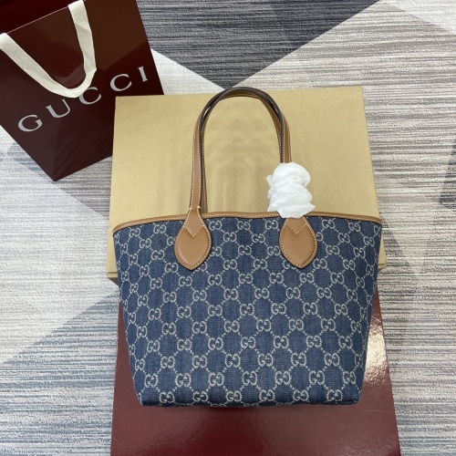 Gucci Totissima Small Tote Bag in Blue Denim with Brown Leather Trim 1 Gucci Totissima Small Tote Bag in Blue Denim with Brown Leather Trim