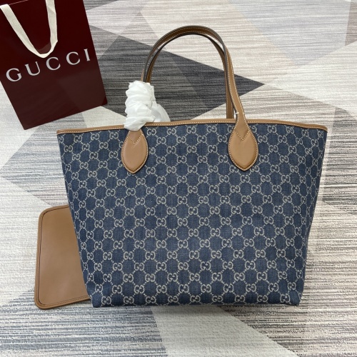 Gucci Totissima Medium Tote Bag in Blue Denim with Brown Leather Trim 1 Gucci Totissima Medium Tote Bag in Blue Denim with Brown Leather Trim