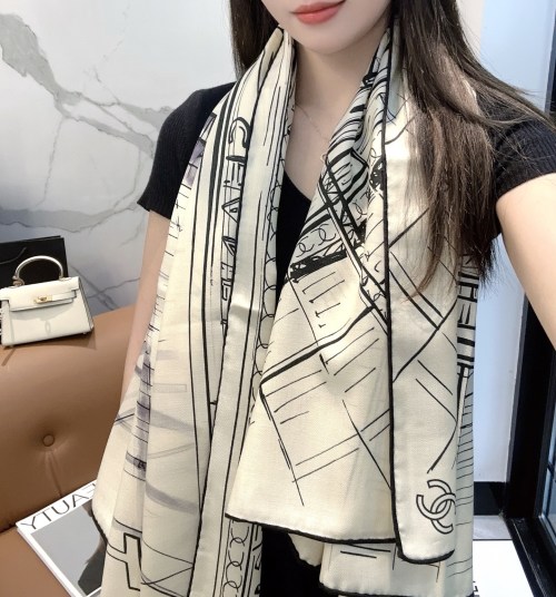 Elegant Chanel-Inspired Black and White Silk Scarf with Iconic Design 1 Elegant Chanel-Inspired Black and White Silk Scarf with Iconic Design