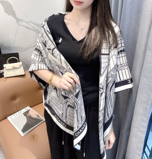 Chanel 140cm Silk Wool Square Scarf with Jacquard Details 43 Chanel 140cm Silk Wool Square Scarf with Jacquard Details