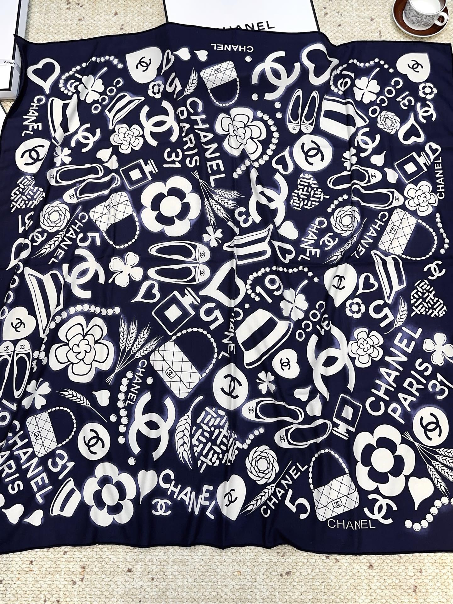 香奈儿(CHANEL)140*140上新❤️【真丝丝绒款】Chanel 【▪️温柔而娴静,logo优雅气