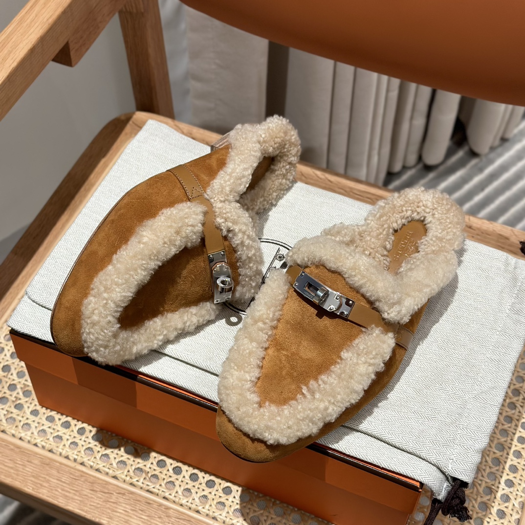 Hermes Kelly Shoes Half Slippers Calfskin Cowhide Wool Fall/Winter Collection Fashion