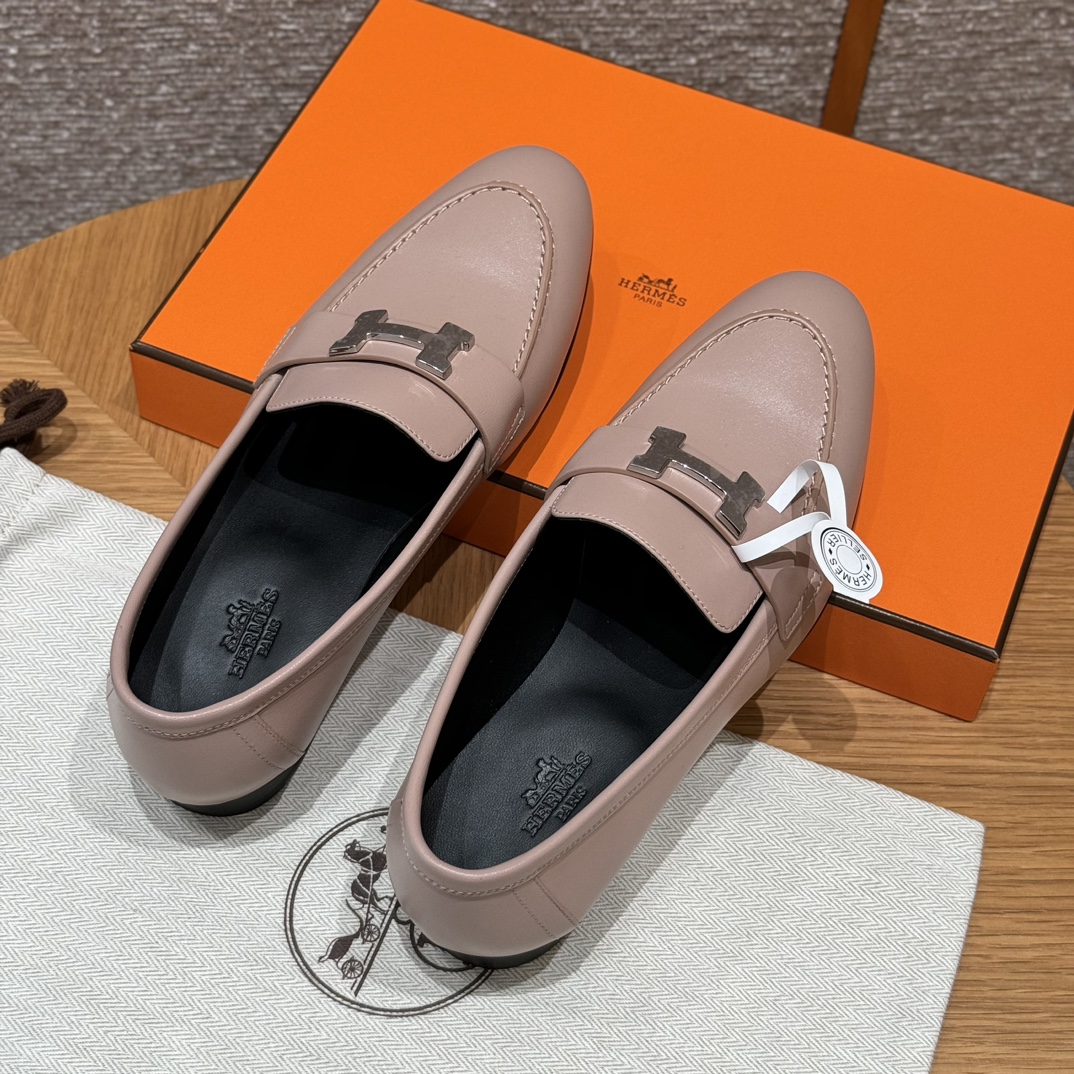 Shoes Loafers Milk Tea Color Silver Hardware Calfskin Cowhide Genuine Leather