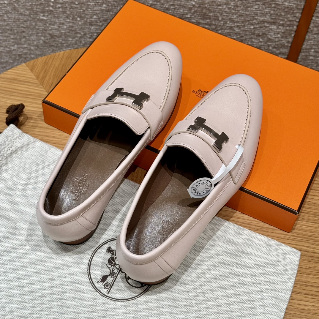 Shoes Loafers Light Pink Silver Calfskin Cowhide Genuine Leather