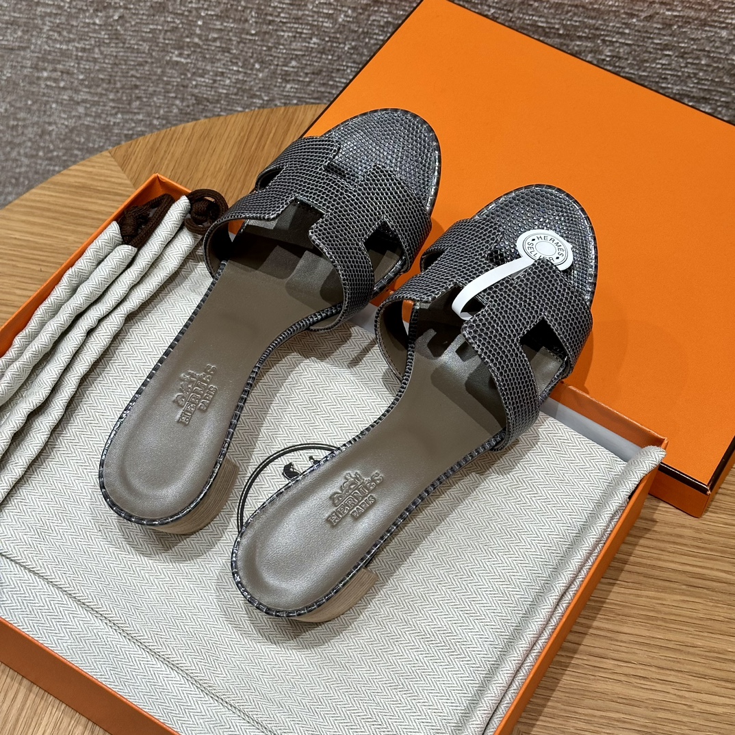 HERMES 🦎 Oasis Epsom Slippers  Eénband Slippers Dames Lente/Herfst Mode Klassiek Hagedissenleer Zeldzaam Leer