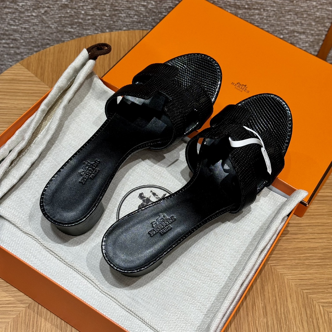 HERMES 🦎 Oasis Epsom Slippers  Eénband Slippers Dames Lente/Herfst Mode Klassiek Hagedissenleer Zeldzaam Leer