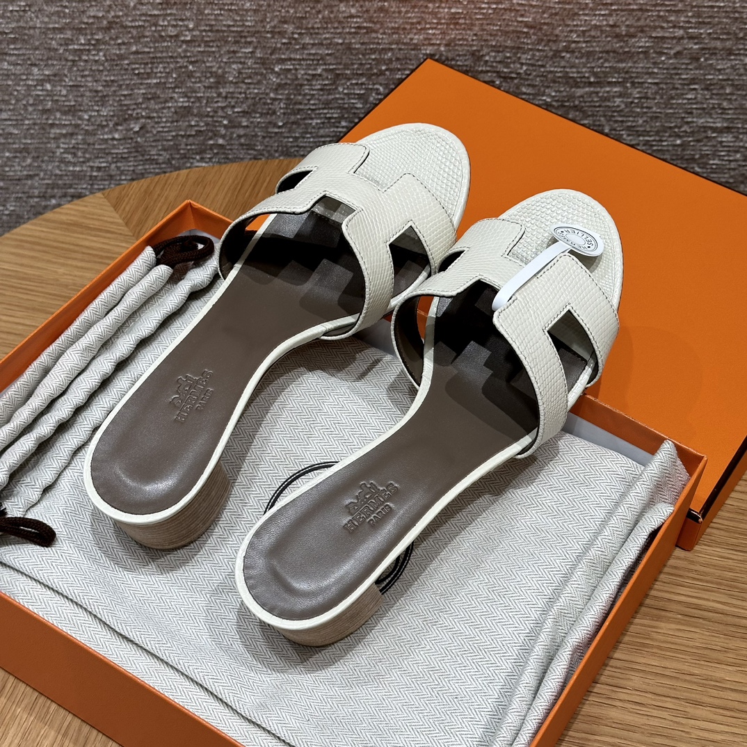 HERMES 🦎 Oasis Epsom Slippers  Band Slippers Dames  Lente/Herfst  Mode Klassiek  Hagedissenleer  Zeldzaam Leer