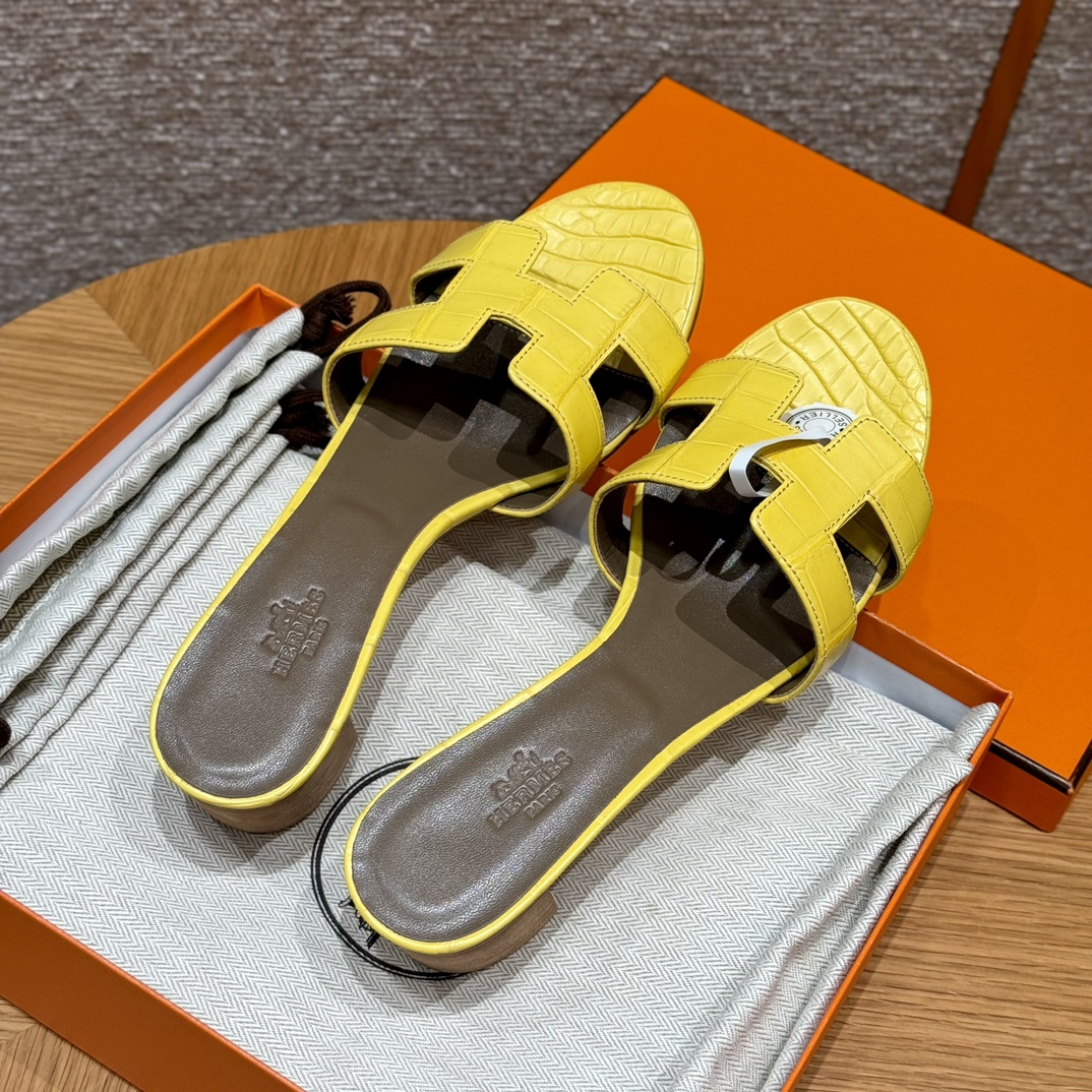 HERMES Krokodil Oasis Epsom Slippers  Band Slippers Dames Lente/Herfst Mode Klassiek Krokodillenleer Zeldzaam Leer