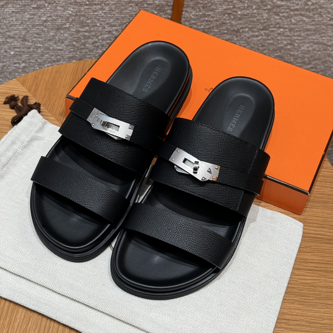 Hermès Jackson Black Leather Sandals with Silver Hardware - Size 39-46