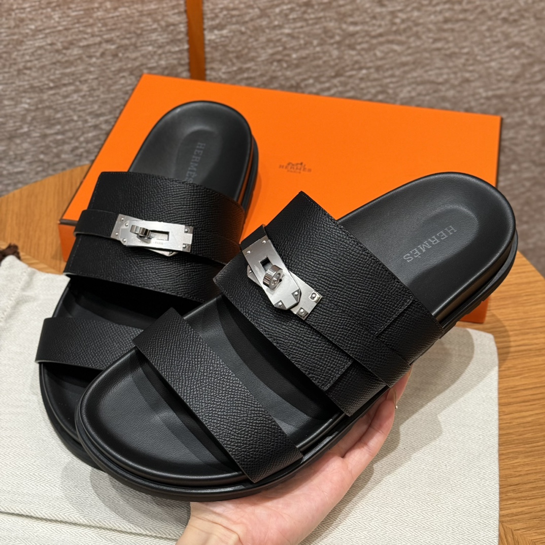 Hermès Jackson Black Leather Sandals with Silver Hardware - Size 39-46 10 i1724049056 718 0