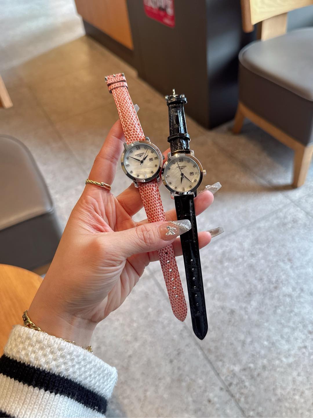 Longines Flagship rose gold-tone case, white mother-of-pearl dial, blue leather strap 30mm Women's Automatic
