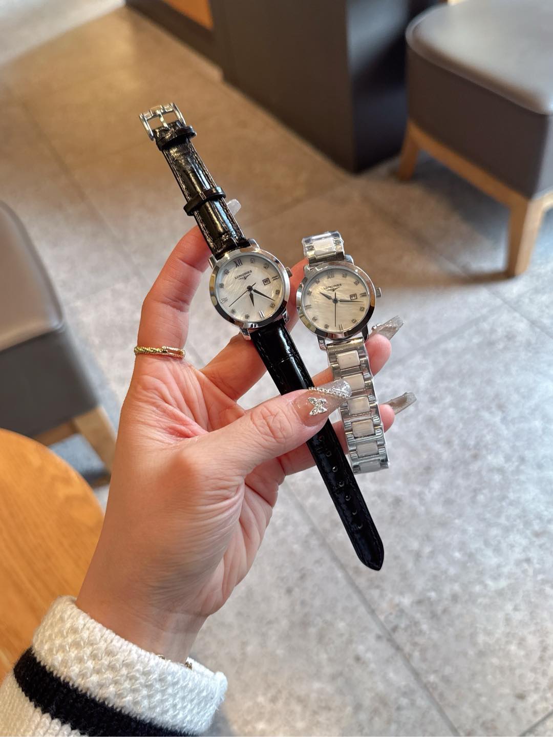 Longines Flagship rose gold-tone case, white mother-of-pearl dial, blue leather strap 30mm Women's Automatic
