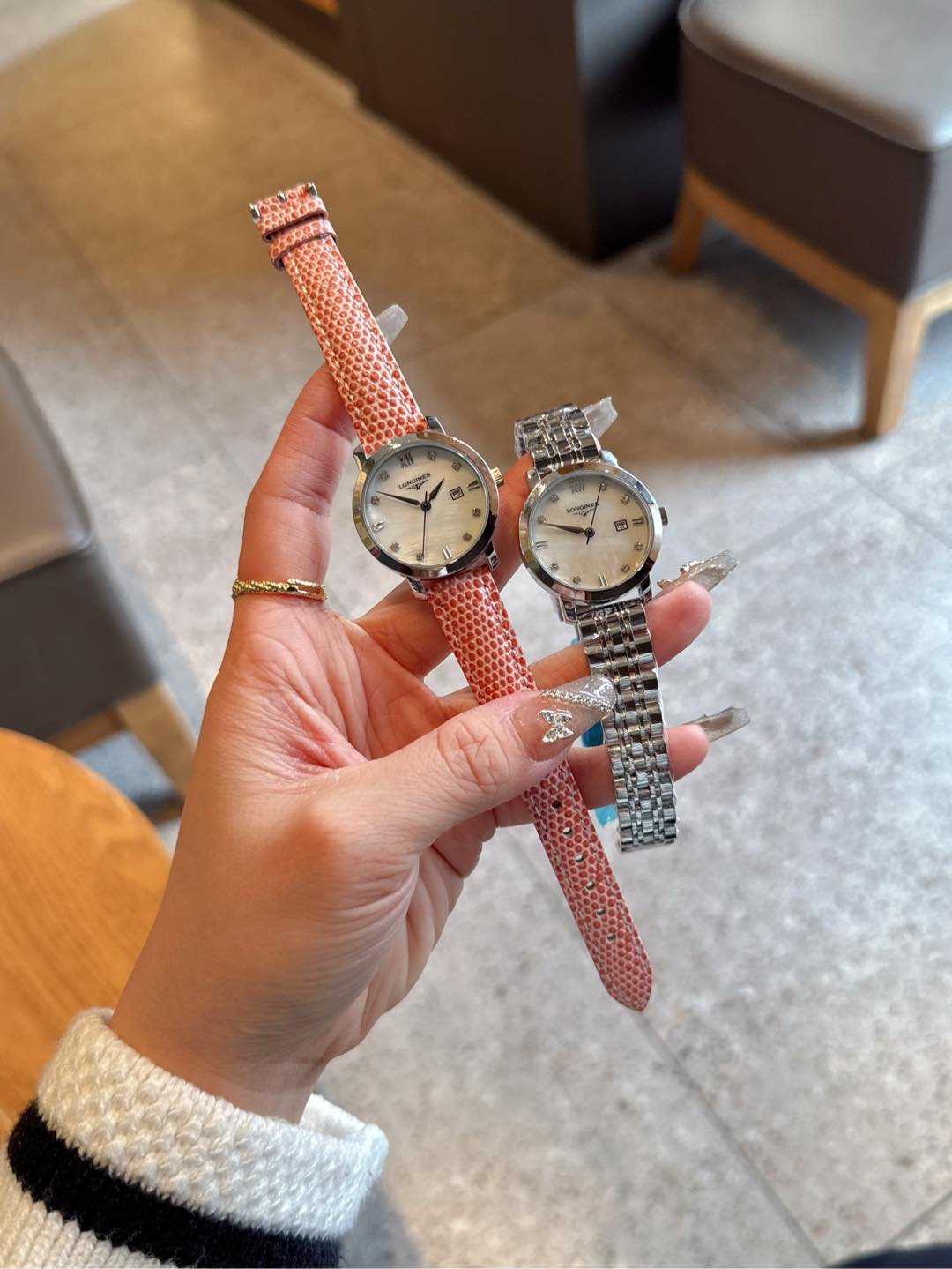 Longines Flagship rose gold-tone case, white mother-of-pearl dial, blue leather strap 30mm Women's Automatic