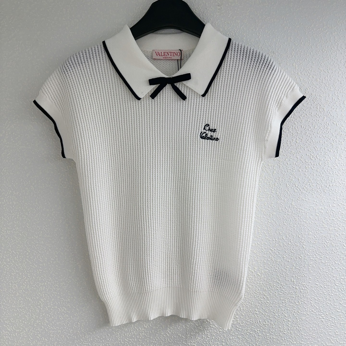 NO:439259,Huajia * contrasting color polo bow letter embroidered short-sleeved sweater SML, T-shirt, alexander wang19860909华家*撞色polo蝴蝶结字母刺绣短袖针织衫SML,,T-shirt,alexander wang,Women's clothing