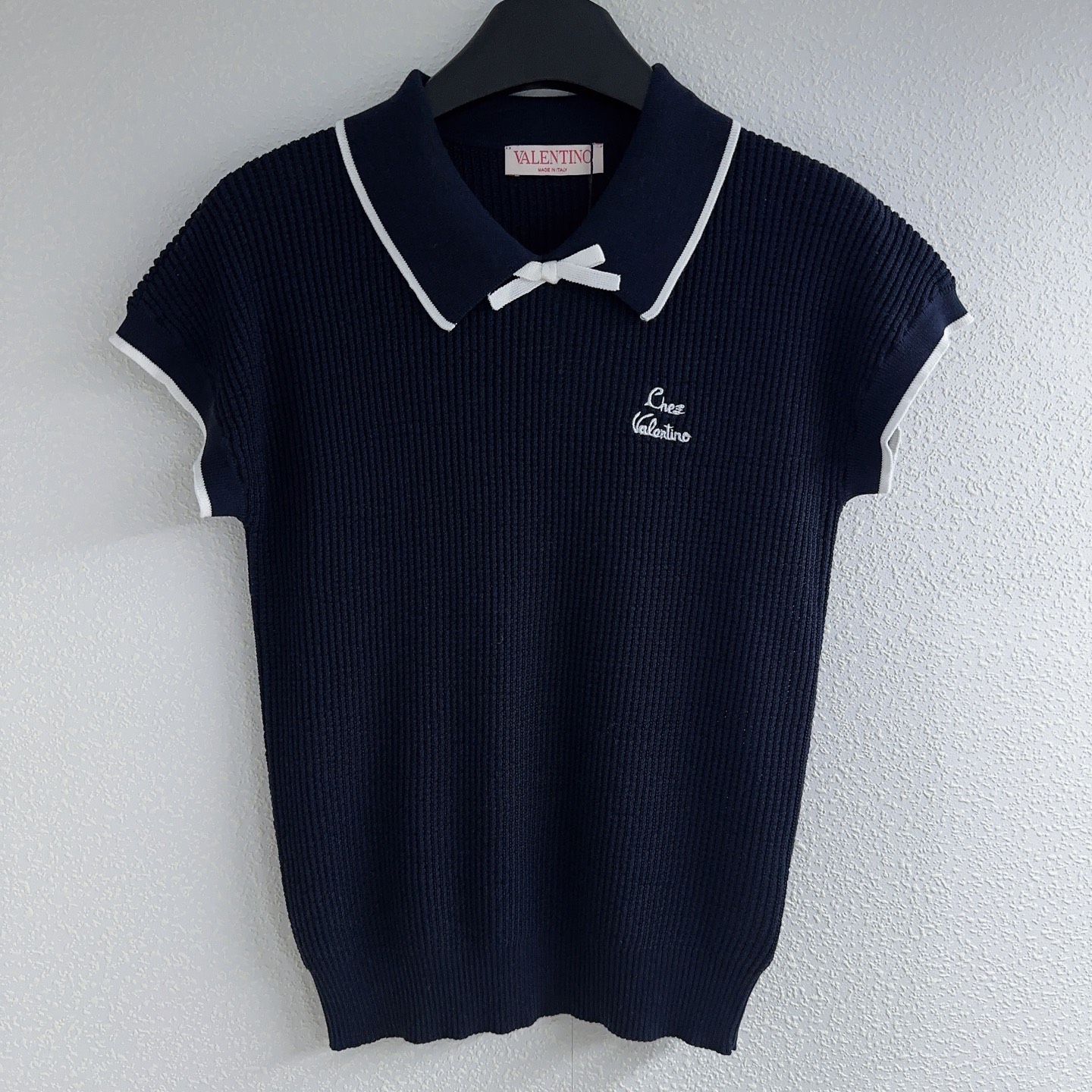 NO:454387,Huajia* contrasting striped letter embroidery bow polo sweater SML, alexander wang19860909华家*撞色条纹字母刺绣蝴蝶结polo针织衫SML,,alexander wang,Women's clothing