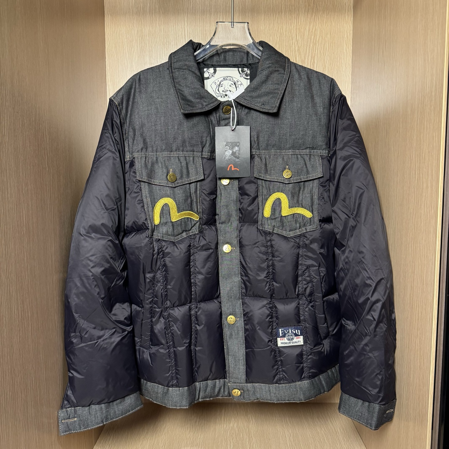 EVISU 2025 FW Men's/Women's Denim Puffer Jacket with Daicock Print