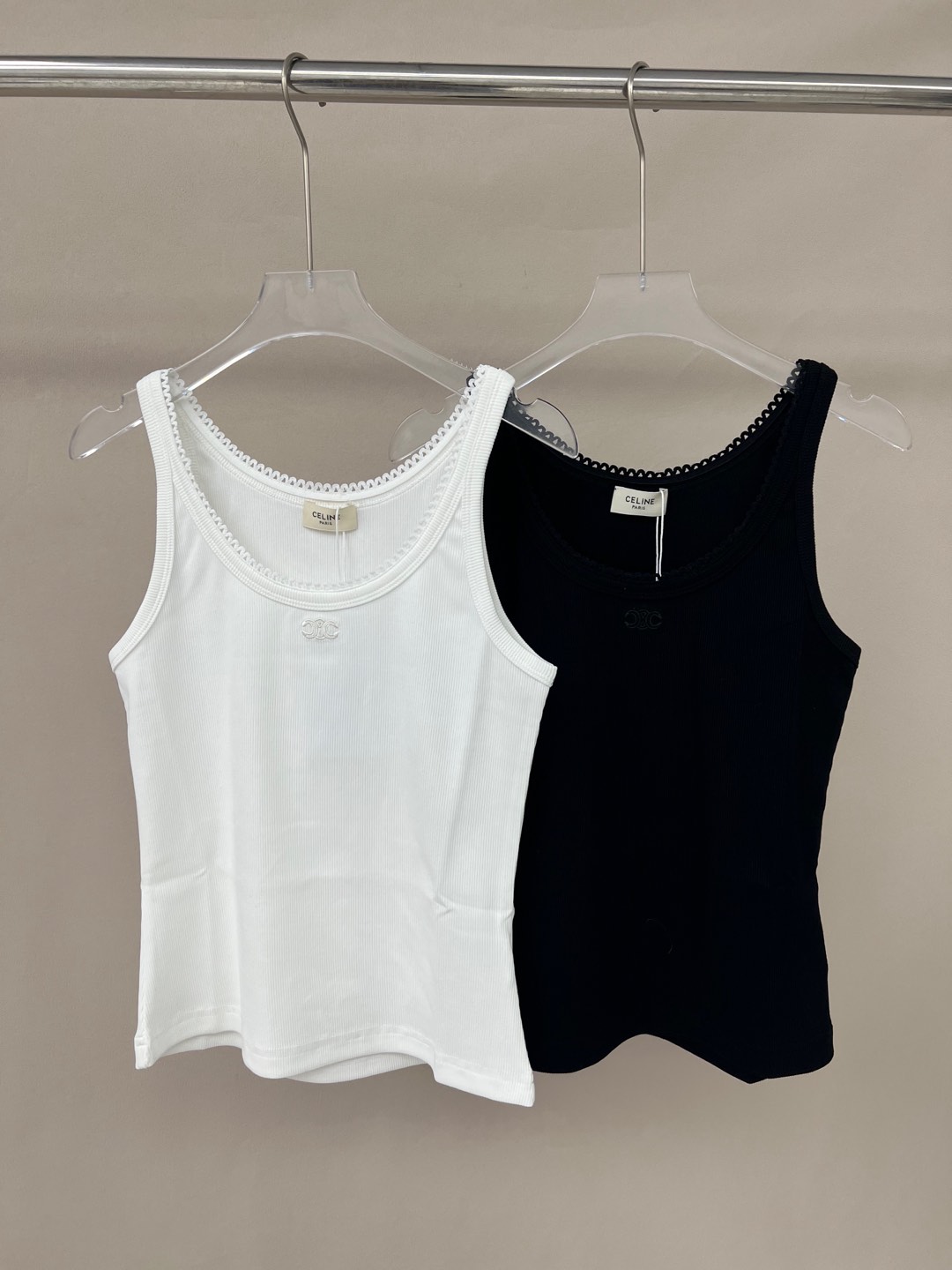 Celine Women's Embroidered Logo Lace Trim Tank Top - White & Black