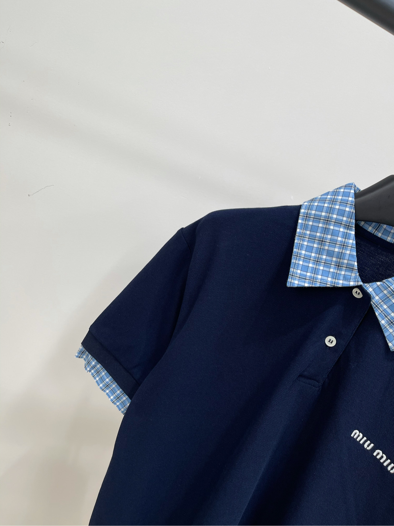 Miu Miu Women's Navy Blue Polo Shirt with Plaid Collar - Short Sleeve 4 i1740618894638 1861 0 2