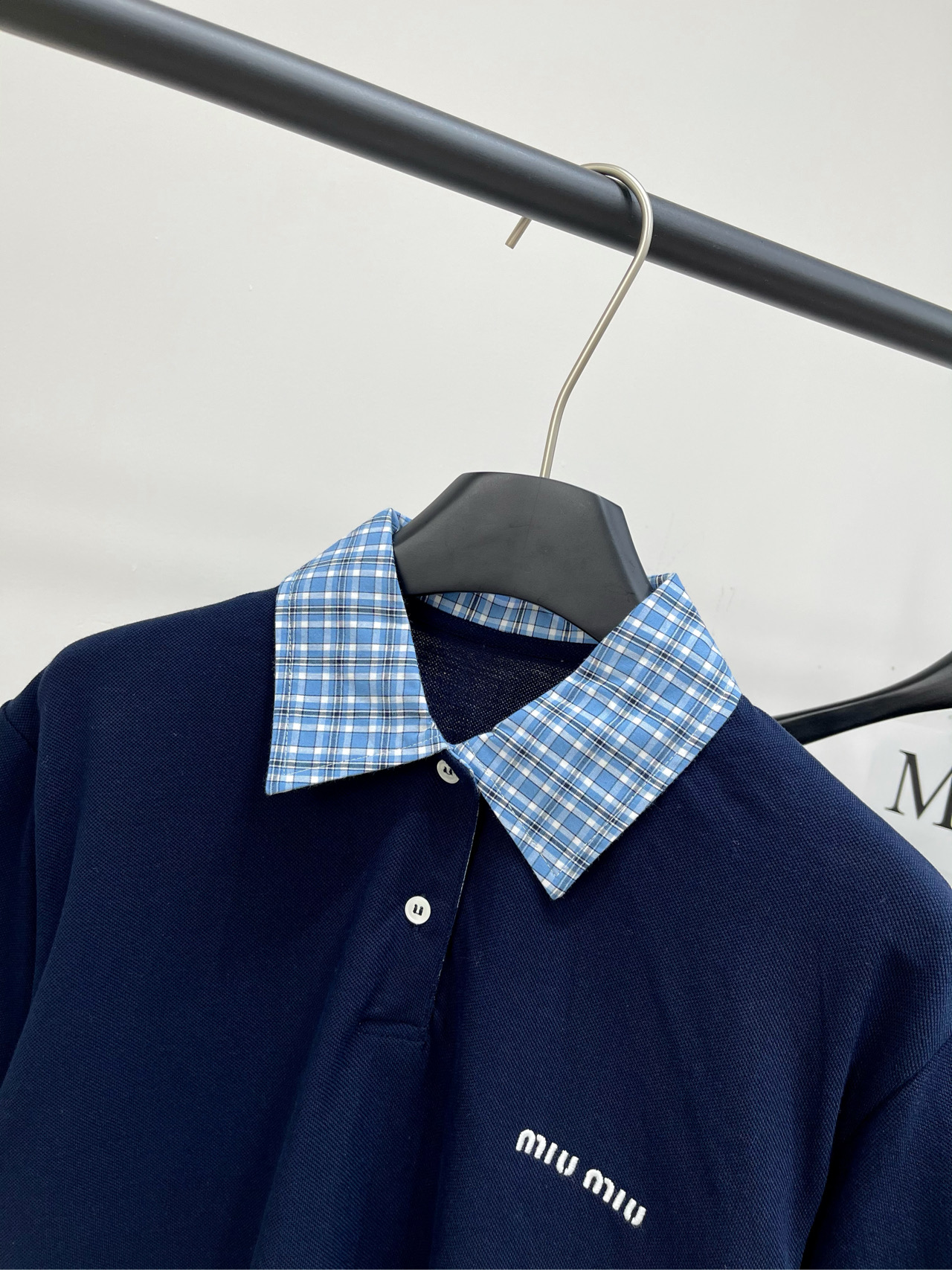 Miu Miu Women's Navy Blue Polo Shirt with Plaid Collar - Short Sleeve 3 i1740618894638 8215 0 1