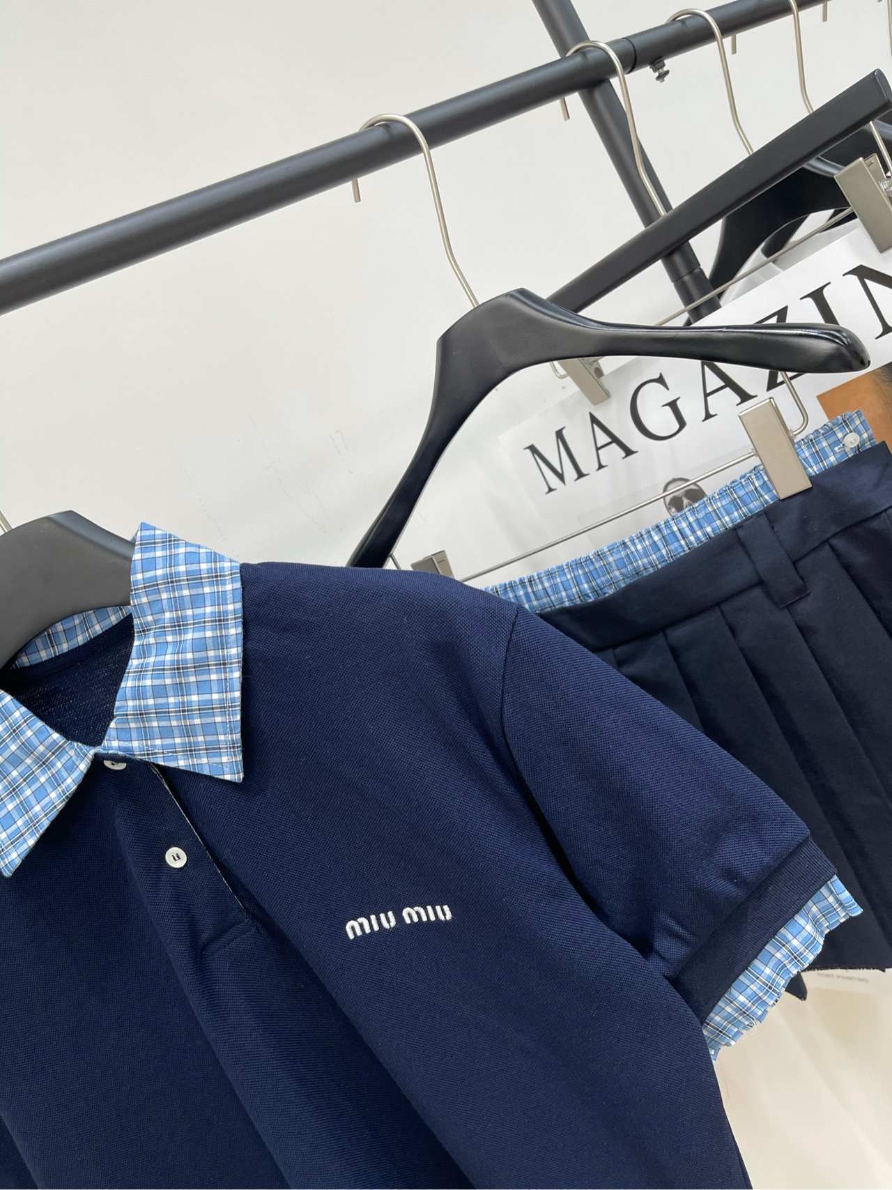 Miu Miu Women's Navy Blue Polo Shirt with Plaid Collar - Short Sleeve 5 i1740618894638 9932 0 3
