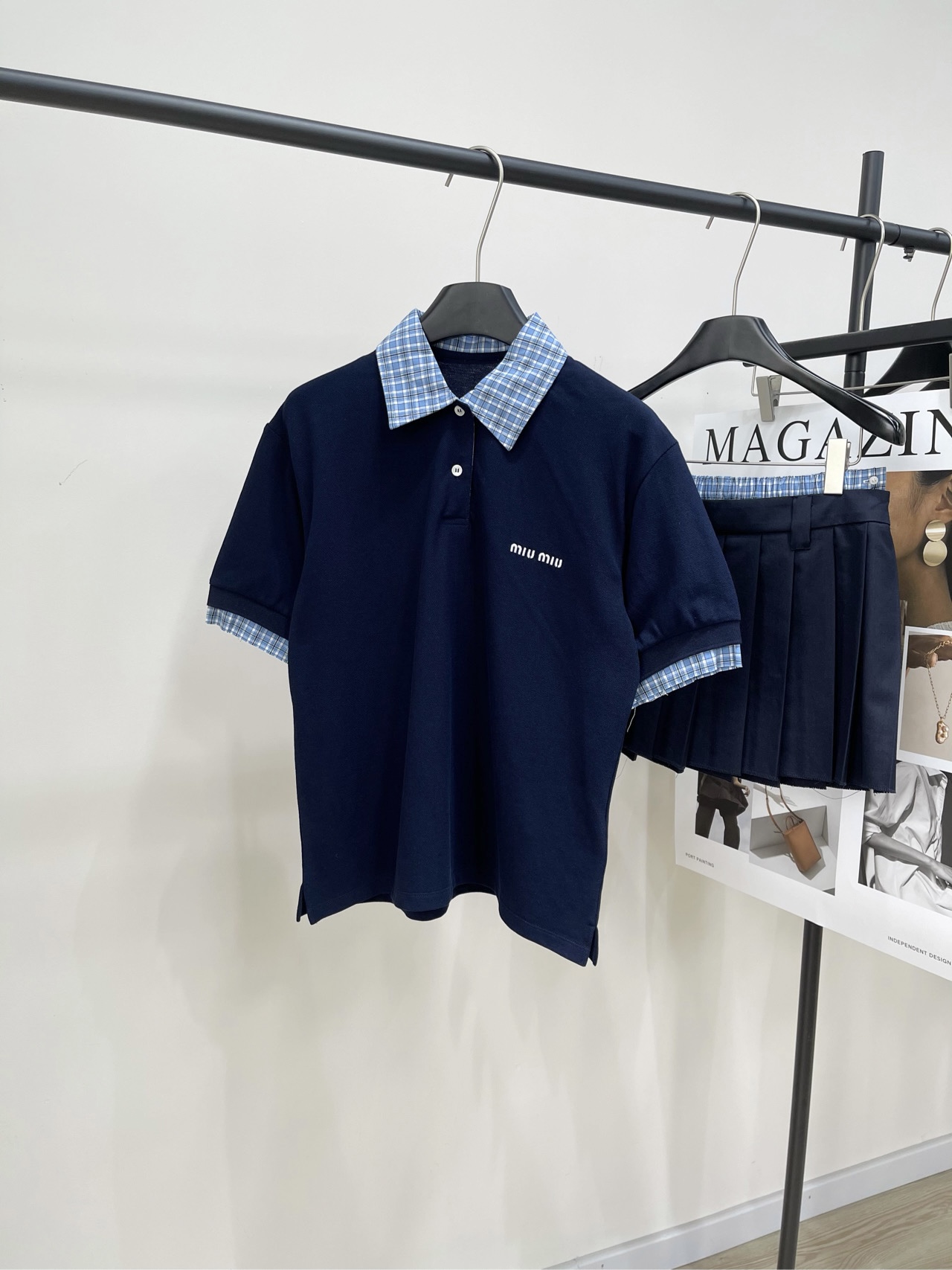 Miu Miu Women's Navy Blue Polo Shirt with Plaid Collar - Short Sleeve 2 i1740618895849 7979 0 0