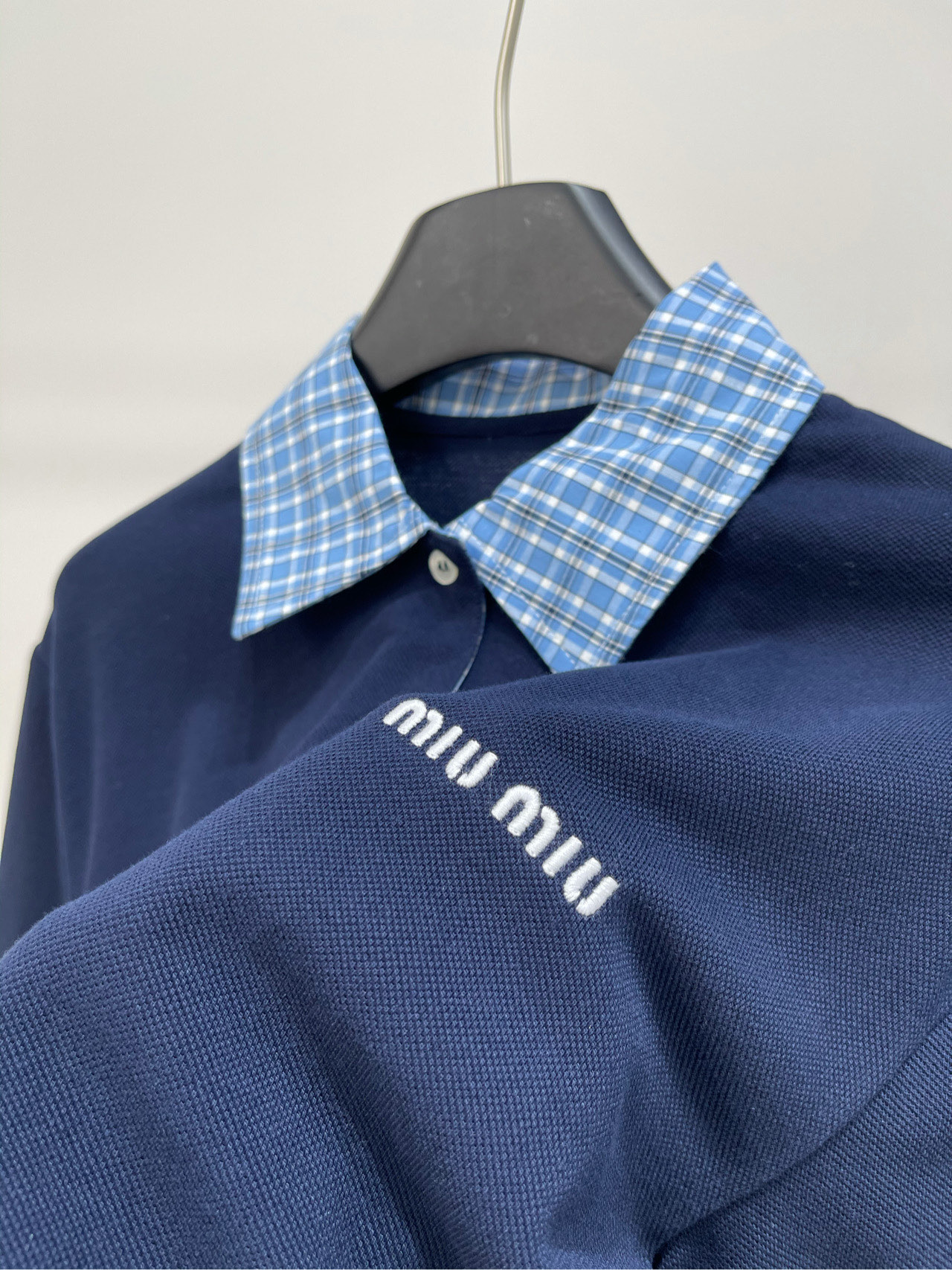 Miu Miu Women's Navy Blue Polo Shirt with Plaid Collar - Short Sleeve 7 i1740618896035 1815 0 5