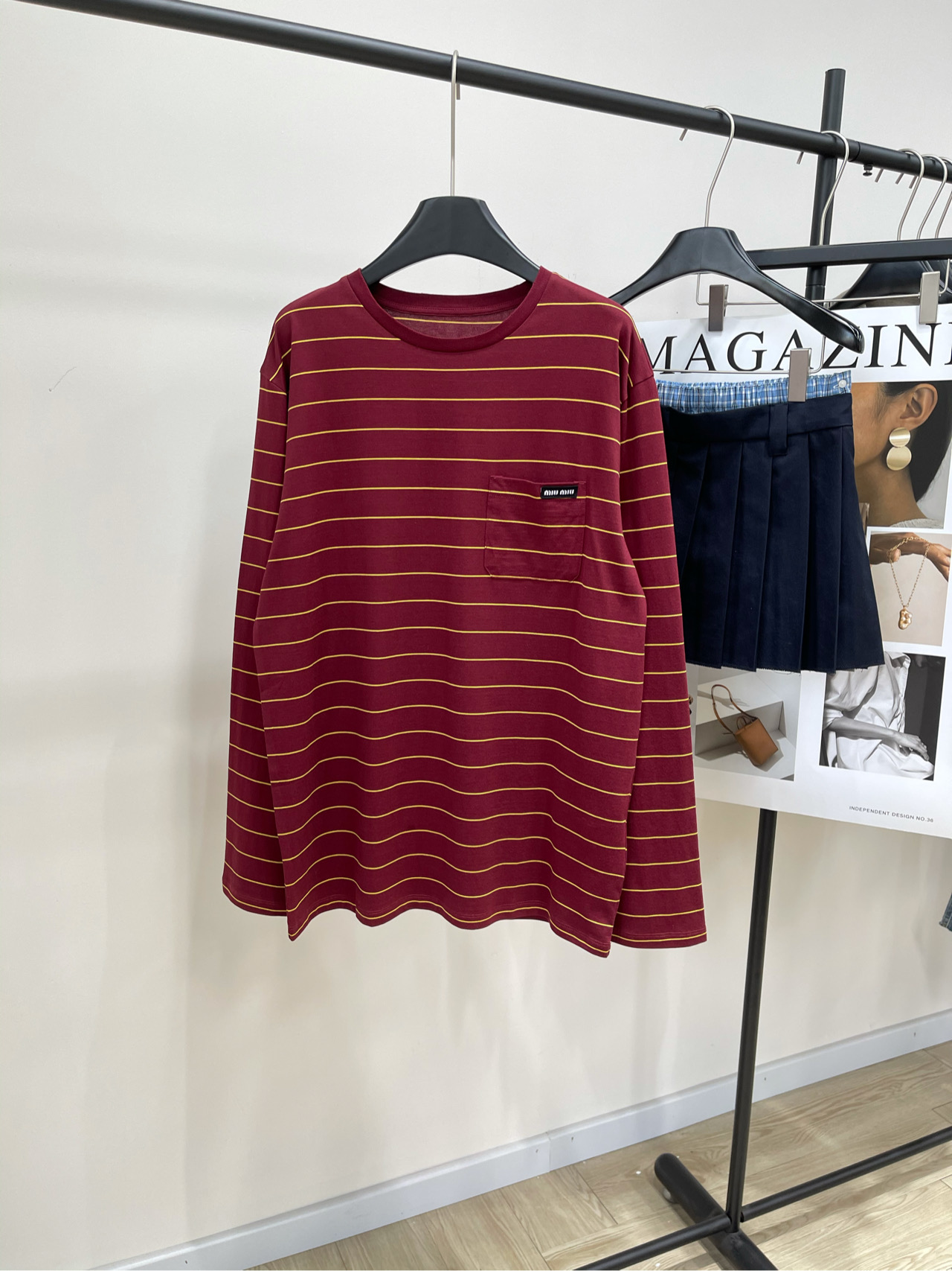 Striped Long Sleeve T-Shirt, Casual Cotton Tee with Pocket, Burgundy 2 i1740750938392 8306 0 0