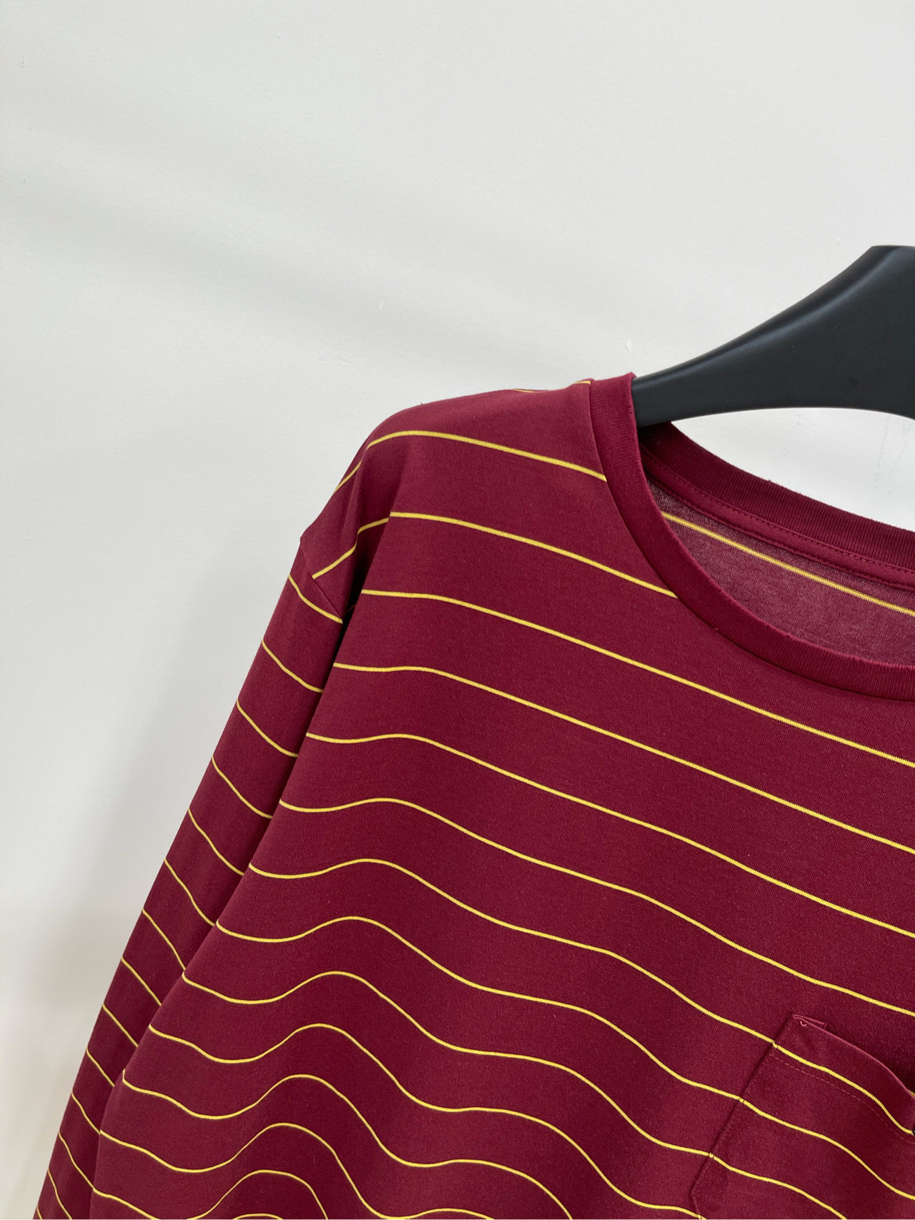 Striped Long Sleeve T-Shirt, Casual Cotton Tee with Pocket, Burgundy 4 i1740750938392 9369 0 2