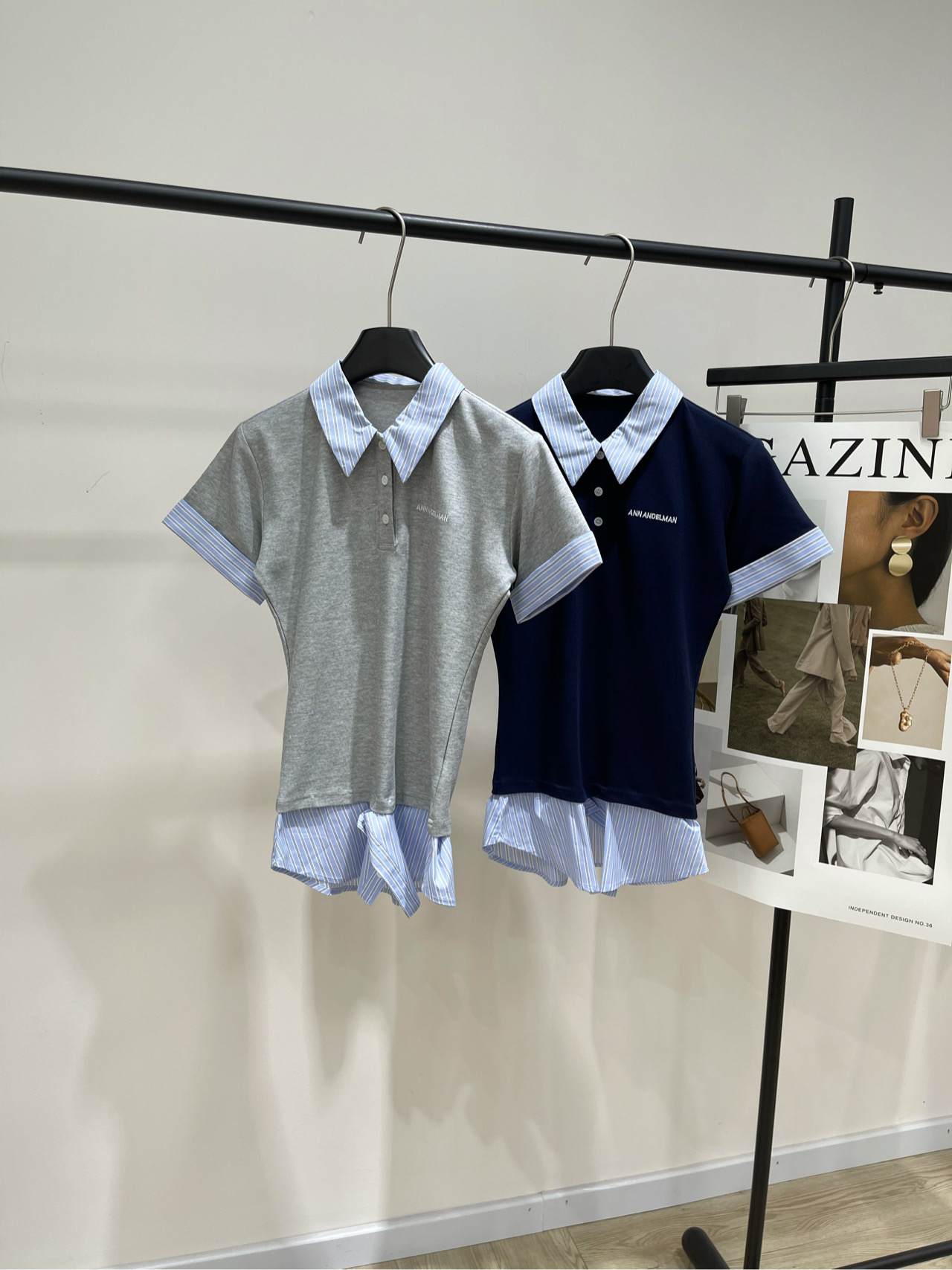 NO:434556,[An fake two-piece shirt collar short-sleeved top], fabric bead floor cotton + polyester fiber, light gray, hidden blue, 25ss mid-length slim-fitting spliced ​​shirt lapel two-piece stacked short-sleeved top. The spliced ​​top is here, the main tune of the navy blue has a high-end feel. The striped splicing of the cuffs will pop up a monotonous feeling~ The fake two-piece design is super scheming, the hem shirt corner layer, the fashionable feeling of walking style, slim-fitting cut hides flesh and shows the figure. It is suitable for daily going out, dates, and trendy shops!  Paired with wide-leg pants, it is a cool girl with a slack feeling; with a short skirt, the sweet and cool atmosphere is full~ the fabric is breathable and not stuffy, it is just right in summer, it is not easy to deform when washed, and the solid wear is full. The details are super exciting, the stripes on the neckline and cuffs are aligned neatly. The embroidery logo is exquisite and textured~ Wear it to easily create a unique outfit atmosphere, a must-have item for fashionable things, whoever wears them falls in love with them!  Flat size S shoulder width 39, bust 86, garment length 68, sleeve length 17 M shoulder width 40, bust 90, garment length 69, sleeve length 18 L shoulder width 41, bust 94, garment length 70, sleeve length 19 Manual measurement will have 2~3cm errors within the normal range, skirts, shirts, T-shirts, alexander wang19860909【An假两件衬衫领短袖上衣】 ,面料珠地棉+聚酯纤维 颜色浅灰、藏蓝 25ss中长款修身拼接衬衫翻领两件式堆叠短袖上衣 拼接上衣来咯,藏青主调自带高级感 翻领 + 袖口的条纹拼接,一下就跳出单调感～ 假两件设计超心机,下摆衬衫衣角层次 走路带风的时髦感拿捏 修身剪裁藏肉又显身材 日常出街、约会、逛潮店都适配！ 搭配阔腿裤,是松弛感酷 girl；配短裙 甜飒氛围拉满～面料透气不闷,夏天穿刚刚好 水洗也不容易变形,实穿度拉满 细节超戳人,领口、袖口的条纹对齐工整 刺绣 logo 精致有质感～穿上它 轻松营造独特穿搭氛围,时髦精必备单品 谁穿谁爱上！ 平铺尺码 S肩宽39,胸围86,衣长68,袖长17 M肩宽40,胸围90,衣长69,袖长18 L肩宽41,胸围94,衣长70,袖长19 手工测量会有2~3cm误差属于正常范围,,skirts,shirts,T-shirt,alexander wang,Women's clothing