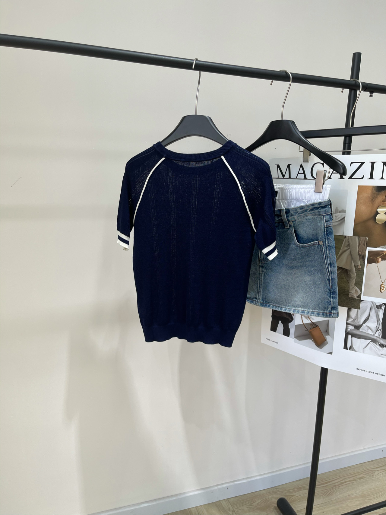 【M藏蓝插肩袖圆领镂空短袖】🔺，面料：天丝棉颜色：藏蓝𝐌𝐈*｜针织圆领上衣25SS夏季新款上新！这款针织