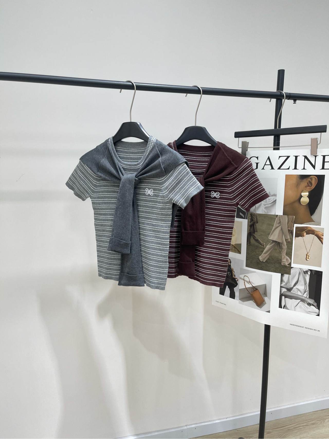 NO:436503,【Ann contrasting striped shawl knitted short sleeves】, fabric cotton blend, color gray, brown, An high-end feel!  This striped suit looks like a French lazy chic classic pinstripe + three-dimensional tailoring. Visual shrinkage makes you look slim and 10 pounds. Slim short T+ high waist straight-leg pants suit. Cotton fabric is breathable and not sticky. Shawls decoration, detachable. Jennie's same lazy suit. Flat size S shoulder width 28, bust 68 elastic, 49 length, sleeve length 20 M shoulder width 29, bust 72 elastic, 50 length, sleeve length 21 L shoulder width 30, bust 76 elastic, 51 length, sleeve length 22. There will be 2~3cm errors in manual measurements. T-shirt, shawls, alexander wang19860909【Ann撞色条纹披肩针织短袖】 ,面料棉混纺 颜色灰色、咖色 An高级感！这套条纹套装穿出法式慵懒chic 经典细条纹 +立体剪裁 视觉收缩显瘦10斤不是梦 修身短T+高腰直筒裤套装 棉质面料透气不贴肉 披肩装饰,可拆卸 Jennie同款懒人套装 平铺尺码 S肩宽28, 胸围68弹力,衣长49,袖长20 M肩宽29,胸围72弹力,衣长50,袖长21 L肩宽30,胸围76弹力,衣长51,袖长22 手工测量会有2~3cm误差属于正常范围,,T-shirt,shawls,alexander wang,Women's clothing