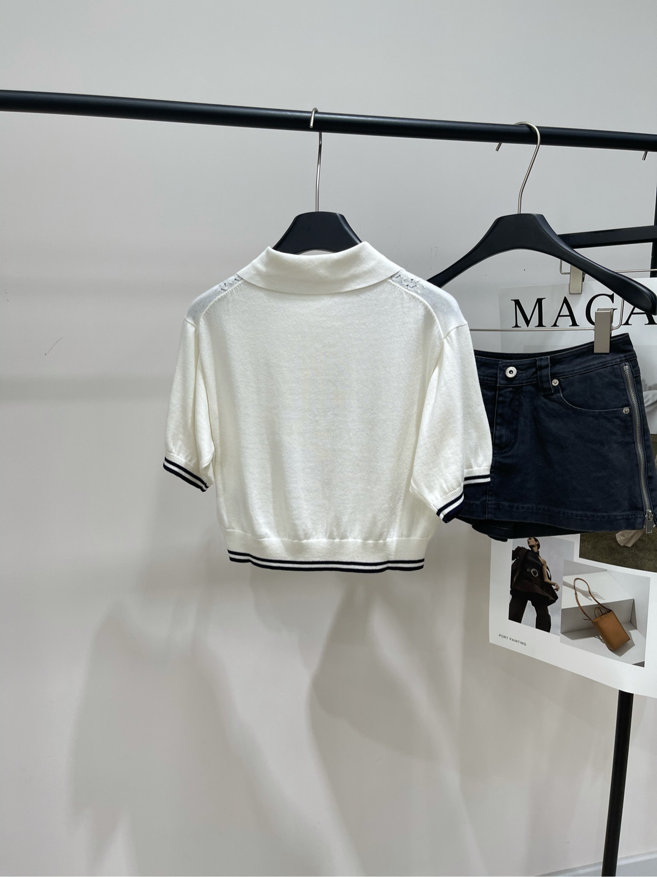 【M白色徽标镂空polo针织短袖】🔺，面料：全棉颜色：白色𝐌𝐈*｜学院风POLO领短款上衣25SS早秋新