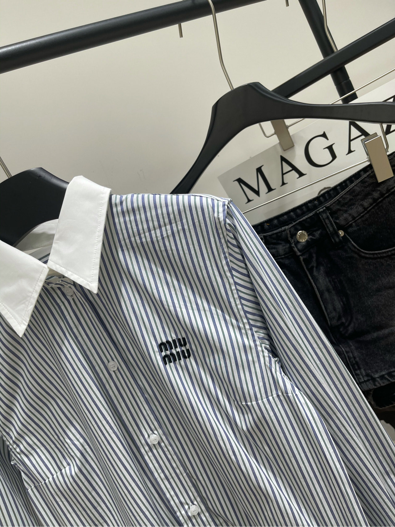 【M蓝绿竖条纹纽扣拼接衬衫裙】🔺，面料：全棉颜色：蓝绿条纹𝐌𝐈*｜褶皱条纹府绸连衣裙25SS早秋新款上新